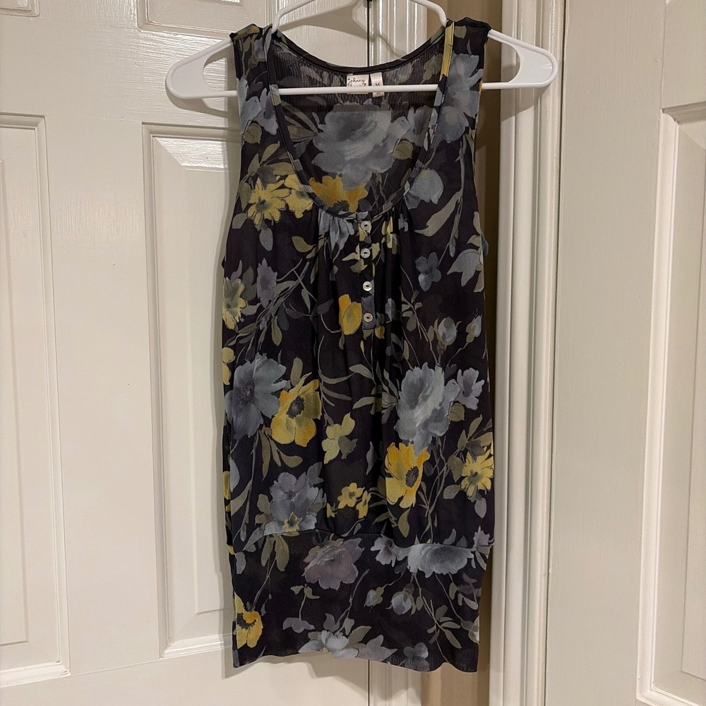 Johnny Heaven Womens Floral Mesh Tank Top Black Yellow M Sheer Sleeveless Blouse